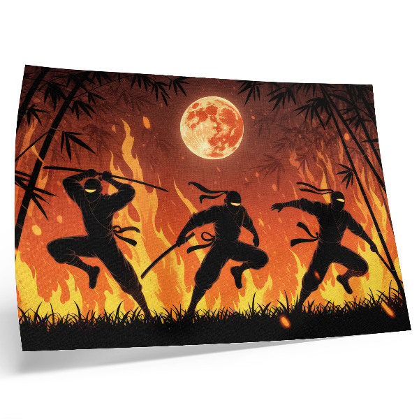 Kunstdruck poster Dynamische Nachtszene mit Ninjas und Flammen