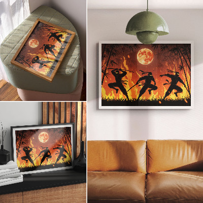 Kunstdruck poster Dynamische Nachtszene mit Ninjas und Flammen