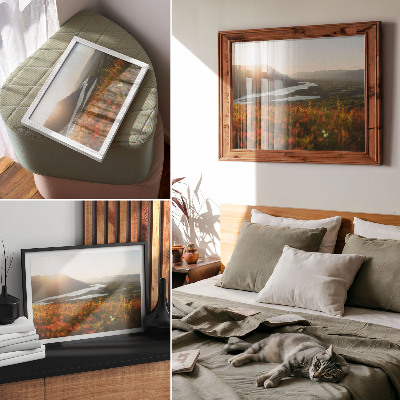 Poster kunstdruck Blumen, Berge, Fluss, Sonnenuntergang, friedliche Atmosphäre