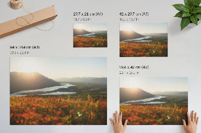 Poster kunstdruck Blumen, Berge, Fluss, Sonnenuntergang, friedliche Atmosphäre