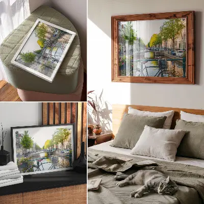 Kunstdruck Poster mit Motiv von Kanal, Brücke, Bäumen, Gebäuden, Fahrrad und Blumen