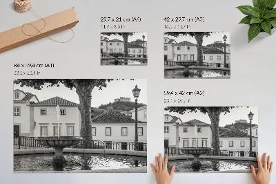 Kunstdruck poster Schwarz-Weiß-Brunnen, klassische Gebäude, Burg