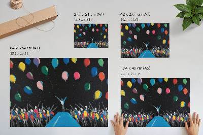 Poster Bunte Ballons, die sich vom schwarzen Himmel abheben