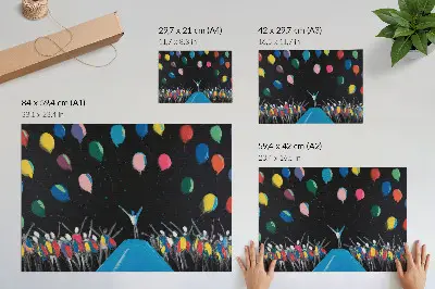 Poster bunte Ballons vor schwarzem Himmel