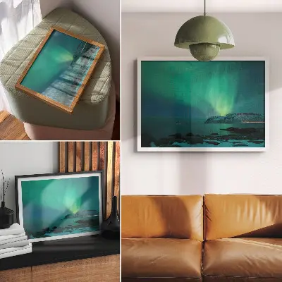 Kunstdruck Poster Grüne Aurora mit schimmernden Lichtern über ruhiger Oberfläche