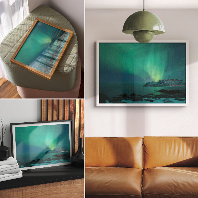 Kunstdruck poster Grüne Aurora, schimmernde Lichter, ruhige Oberfläche