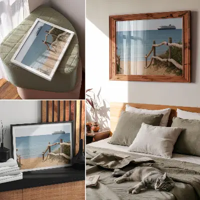 Poster mit Strand Schiff Meer Holzgeländer und Sand