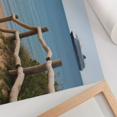 Poster Strand, Schiff, Meer, Holzgeländer, Sand