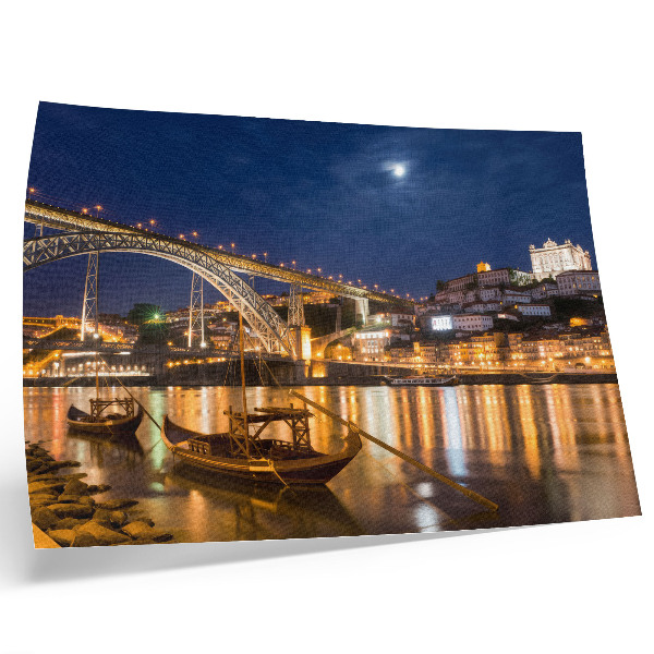 Poster kunstdruck Brücke bei Nacht mit Lichtern, Stadt mit Wasserbooten