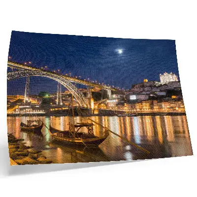Kunstdruck Brücke bei Nacht Stadtansicht mit Lichtern und Wasserbooten