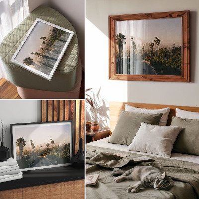 Kunstdruck poster Palmen und die Skyline der Stadt im Sonnenschein