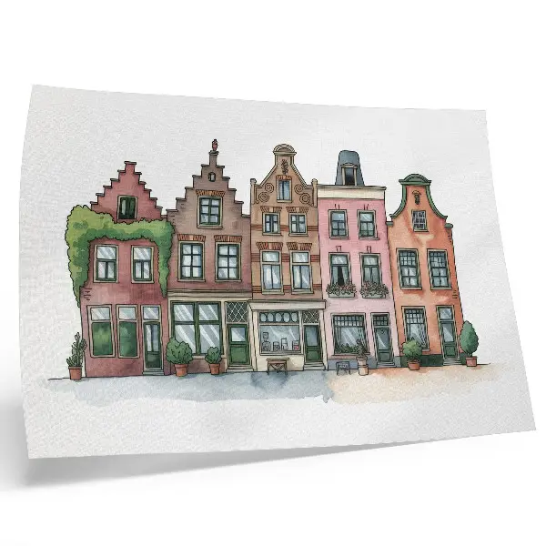 Poster malerische Mietshäuser in Pastellfarben und illustrativem Stil