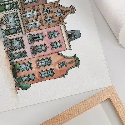 Poster malerische Mietshäuser in Pastellfarben und illustrativem Stil