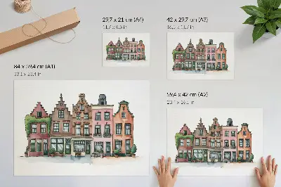 Poster malerische Mietshäuser in Pastellfarben und illustrativem Stil