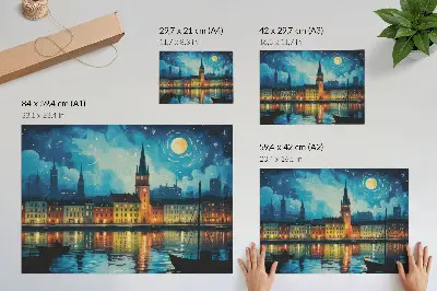 Poster Kunstdruck Spiegelungen der nächtlichen Stadt im Wasser mit leuchtenden Lampen
