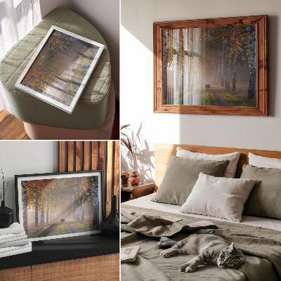 Poster kunstdruck Symmetrische Birken, nebliges Licht, Herbstallee