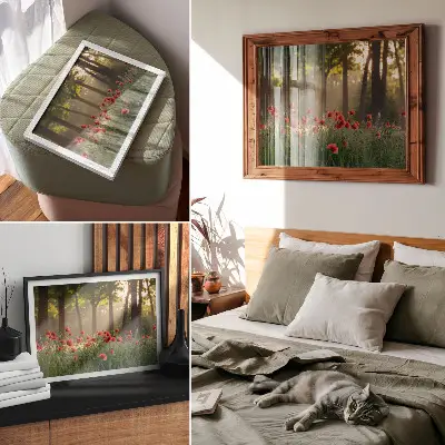 Kunstdruck Poster rote Mohnblumen im grünen Wald mit Sonnenstrahlen