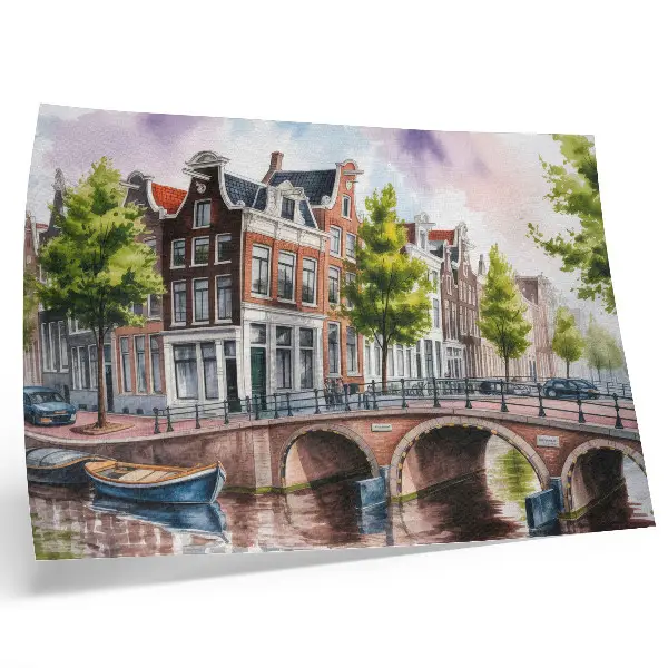 Kunstdruck charmante Mietshäuser am Kanal mit grünen Bäumen an ruhigem Wasser