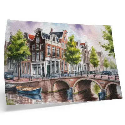 Kunstdruck charmante Mietshäuser am Kanal mit grünen Bäumen an ruhigem Wasser