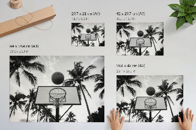 Poster Basketballkorb in Palmen vor schwarz-weißem Hintergrund