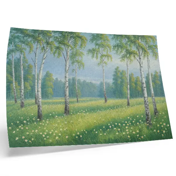 Kunstdruck Majestätische Birken und grüne Wiesenblumen als hochwertiges Poster