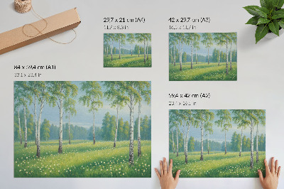 Poster kunstdruck Majestätische Birken, grüne Wiesenblumen