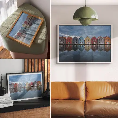 Kunstdruck bunte Häuser in modernem symmetrischen Stil