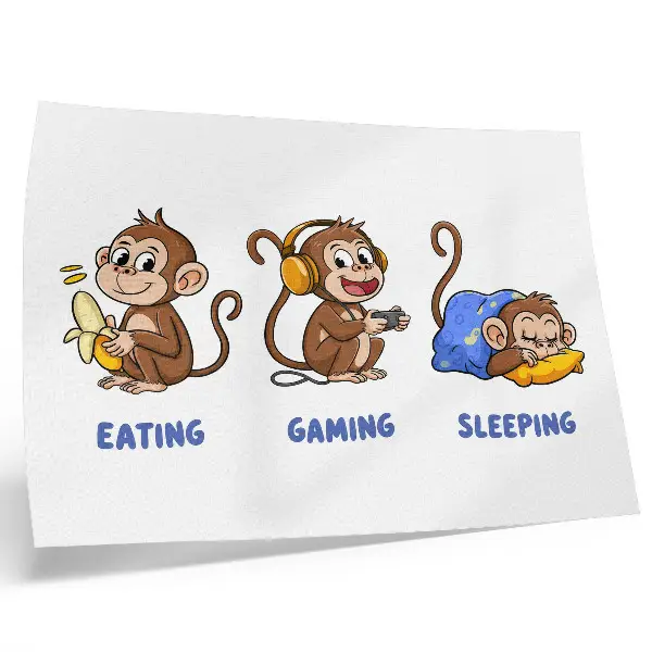 Poster mit lustigen Illustrationen von Affen beim Fressen, Spielen und Schlafen