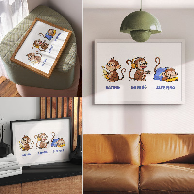 Poster Lustige Illustrationen eines Affen beim Fressen, Spielen und Schlafen