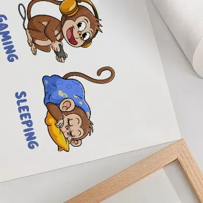 Poster mit lustigen Illustrationen von Affen beim Fressen, Spielen und Schlafen