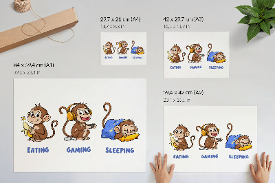 Poster Lustige Illustrationen eines Affen beim Fressen, Spielen und Schlafen