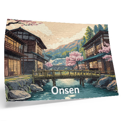 Kunstdruck poster Landschaft mit japanischer Architektur und Kirschbäumen