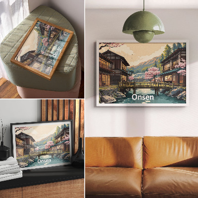 Kunstdruck poster Landschaft mit japanischer Architektur und Kirschbäumen