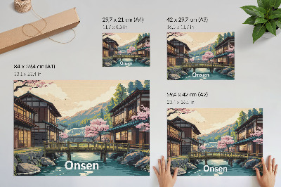 Kunstdruck poster Landschaft mit japanischer Architektur und Kirschbäumen