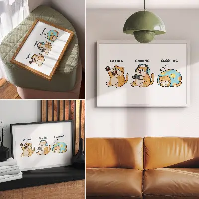 Kunstdruck mit lustigen Katzenillustrationen süß und humorvoll gestaltet