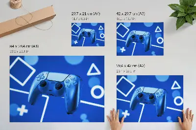 Kunstdruck Poster mit blauem geometrischem Hintergrund und Gamecontroller