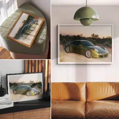 Kunstdruck Poster Sportwagen vor einem grünen Wüstensonnenuntergang