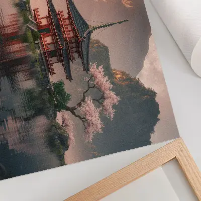 Poster mit orientalischer Architektur, Bergen, See und Kirschblüten in harmonischer Darstellung