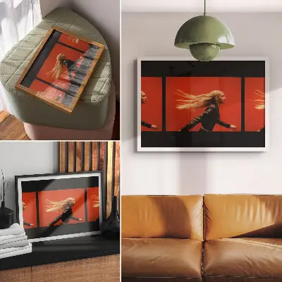 Kunstdruck drei dynamische Laufmotive mit rotem Hintergrund für moderne Energie