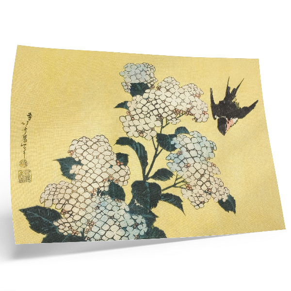 Kunstdruck poster Hortensie und Schwalbe (1833) – ein Farbholzschnitt von Hokusai