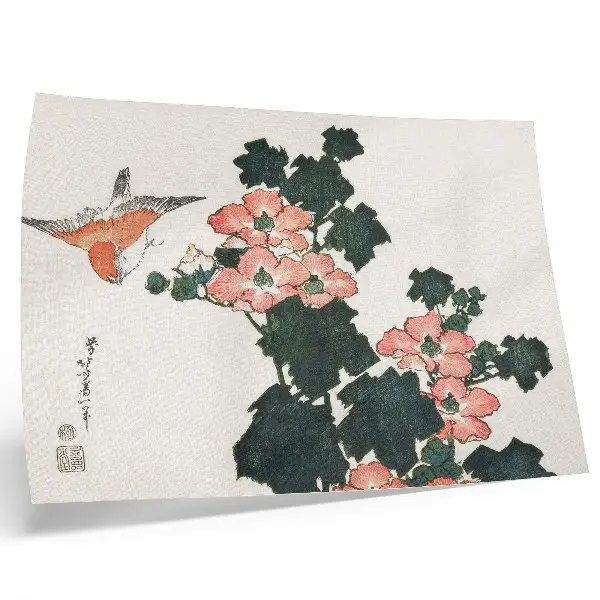 Poster Rote Rosen und ein Vogel von Katsushika Hokusai, japanischer Holzschnitt