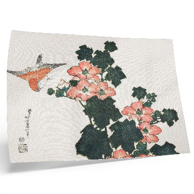 Poster Rote Rosen und ein Vogel von Katsushiki Hokusai (1760–1849), japanischer Holzschnitt aus der Antike