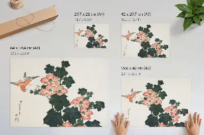 Poster Rote Rosen und ein Vogel von Katsushika Hokusai, japanischer Holzschnitt