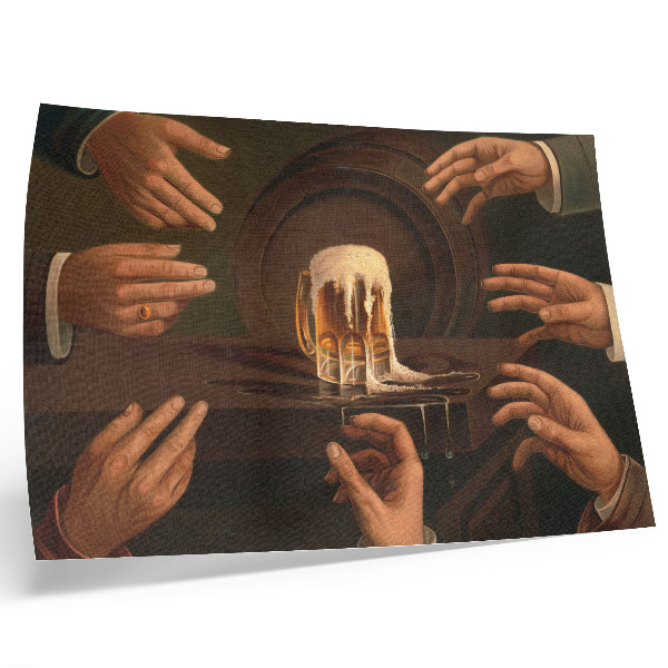 Poster kunstdruck Sieben Männerhände umschließen einen Bierkrug.