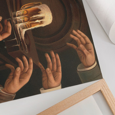 Poster kunstdruck Sieben Männerhände umschließen einen Bierkrug.