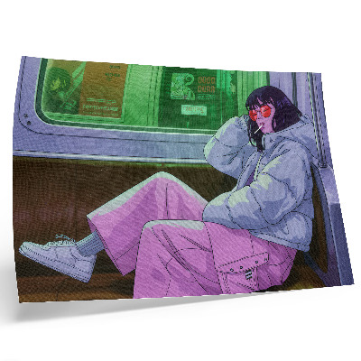 Poster kunstdruck Stilvolle Erscheinung in der Straßenbahn mit rosa Hose