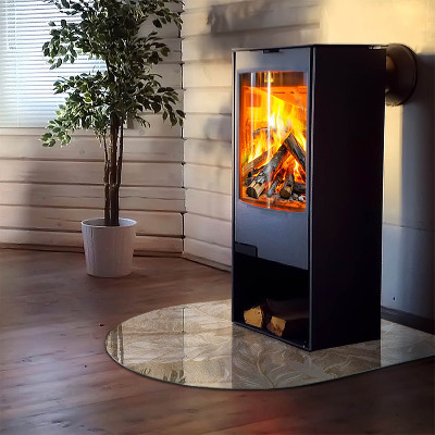 Glasplatte für Kamin halboval Blätter in dezenten Mustern