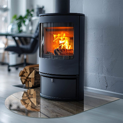 Glas unter Kamin halboval Naturholzbretter