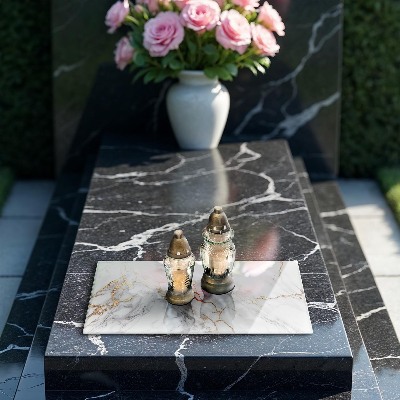 Grabkerzen Unterlage Heller Marmor mit Gold