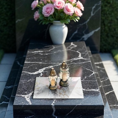 Grabkerzen Unterlage Heller Marmor mit Gold